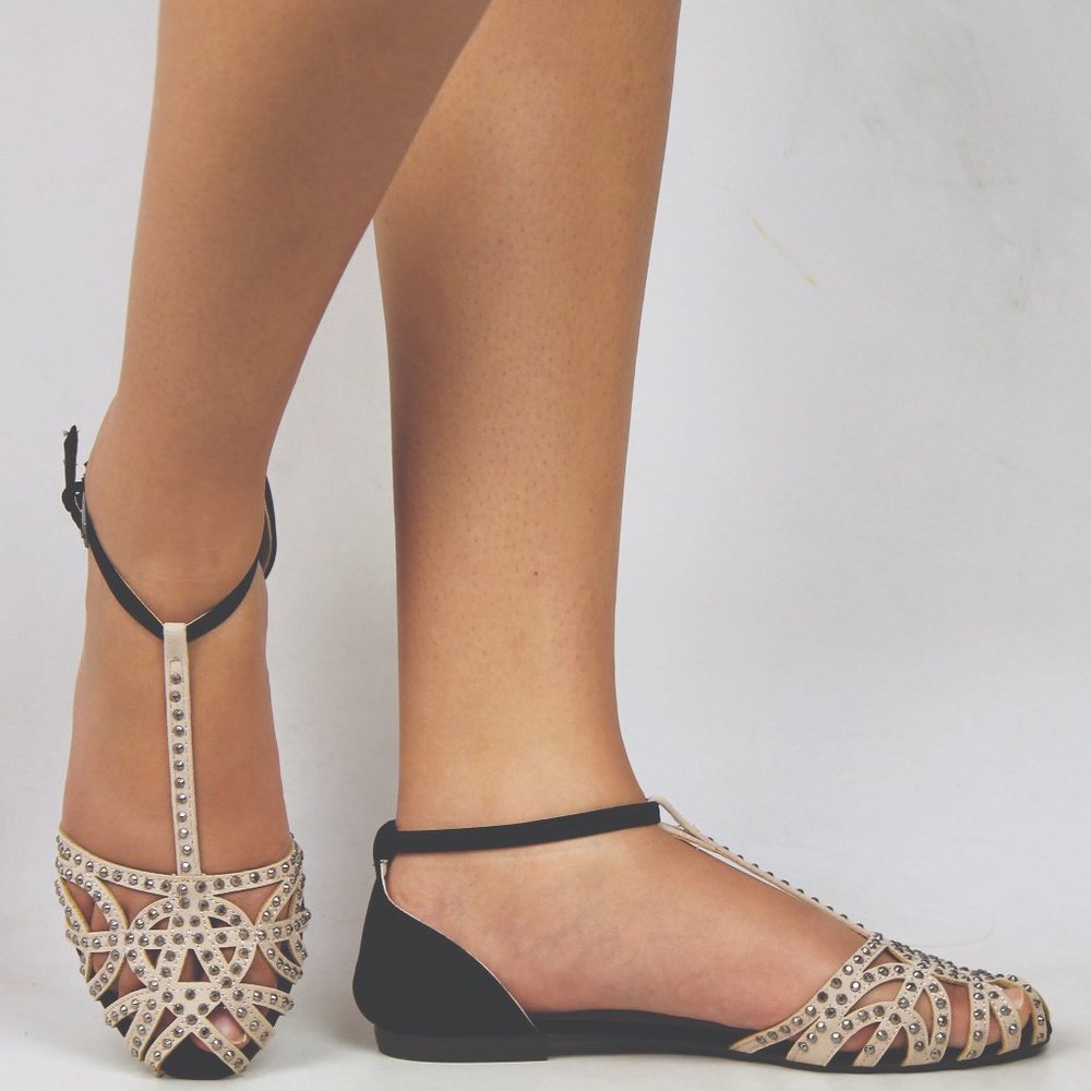 Bamboo Black Beige Studded T-Strap Ballet Flats Sandals
